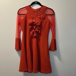 🩵Lucky Brand Women’s Red Sheer Long Sleeve Ruffle Dress Size S